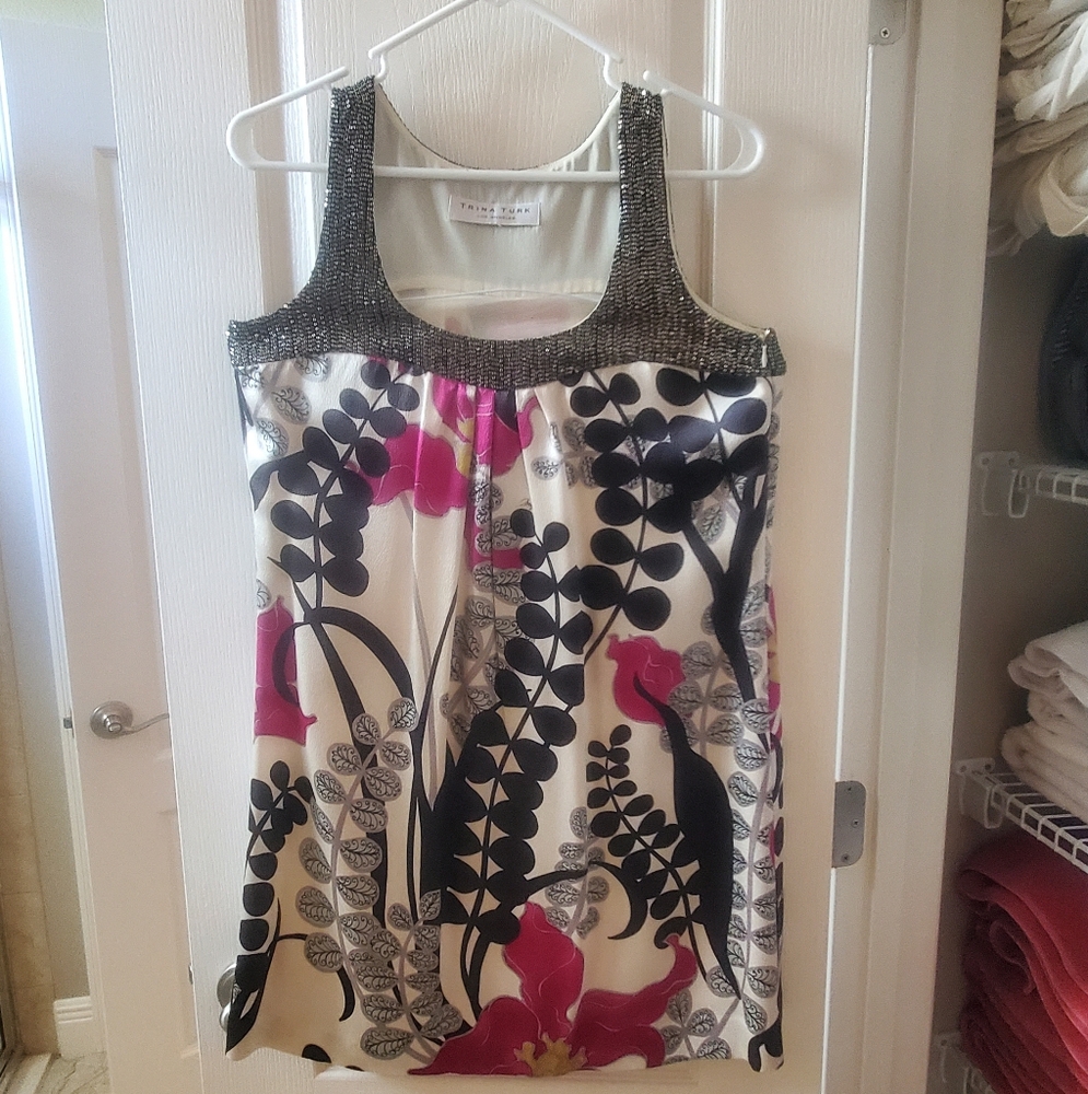 Vintage Trina Turk Black and Pink Patterned  Dress Size S (8)